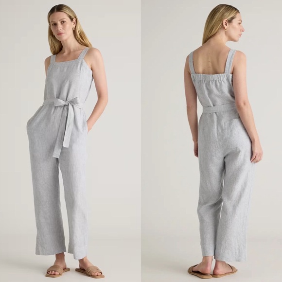 Quince Pants - NEW Quince 100% European Linen Square Neck Jumpsuit Blue Pinstripe Size Large